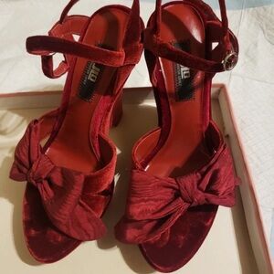 Red Velvet Bow Ankle-Strap Block Heels